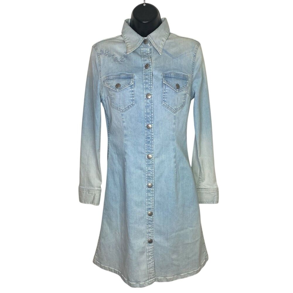 AG Adriano Goldschmied Denim Dress Womens S Blue Long Sleeve Western Embroidered